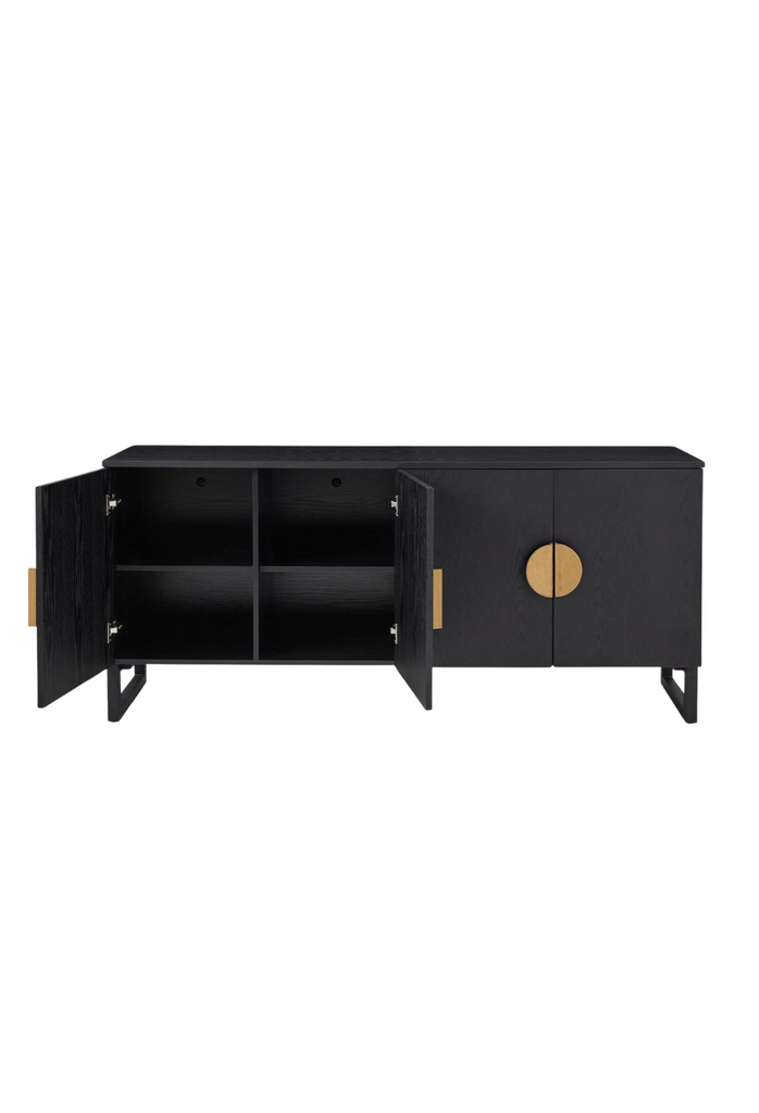 Black wood sideboard with adjustable/removal shelves & gold half moon handles