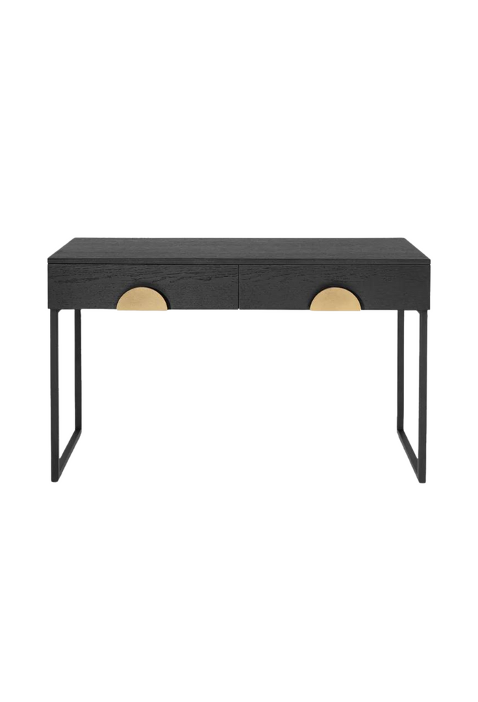 Black wooden console with oak finish fine legs and two small drawers complemented by two halfmoon shaped gold handles