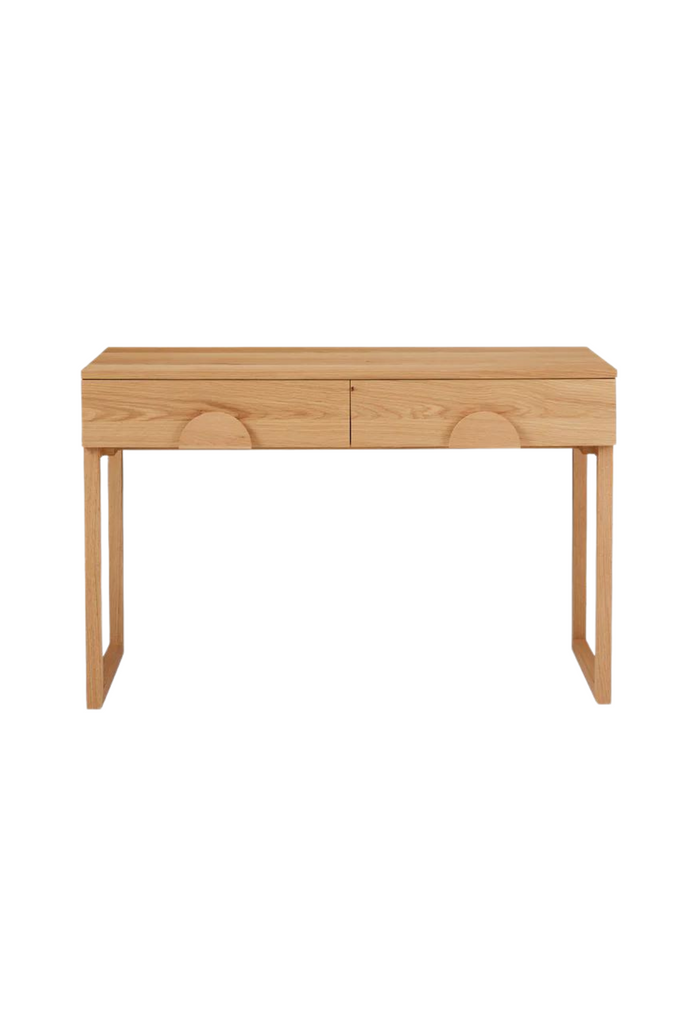 Natural console/desk with soft close drawers & half moon handles