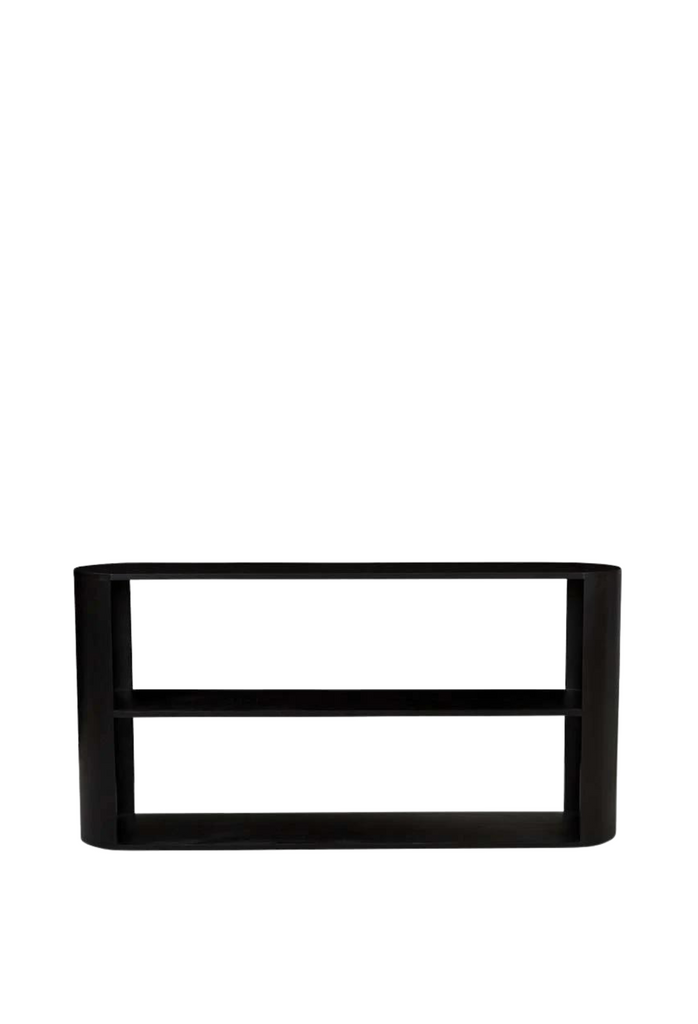 Modern oval shelf in black oak veneer with three shelves on a white background