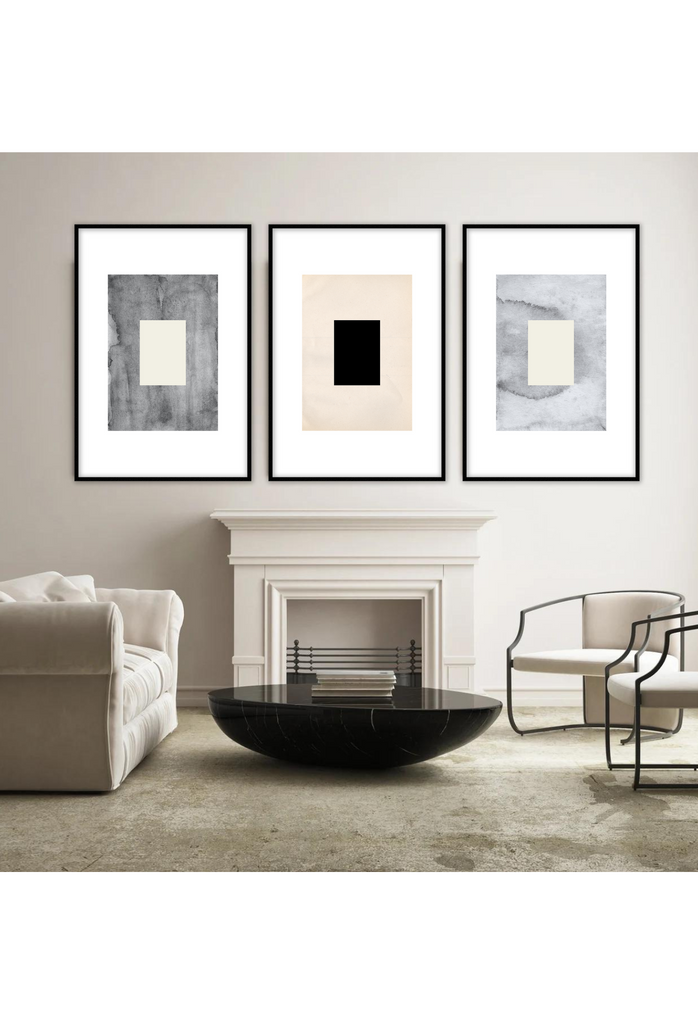 Scandi style art print with a cream coloured rectangle on a grey watercolour textured rectangle with white border.