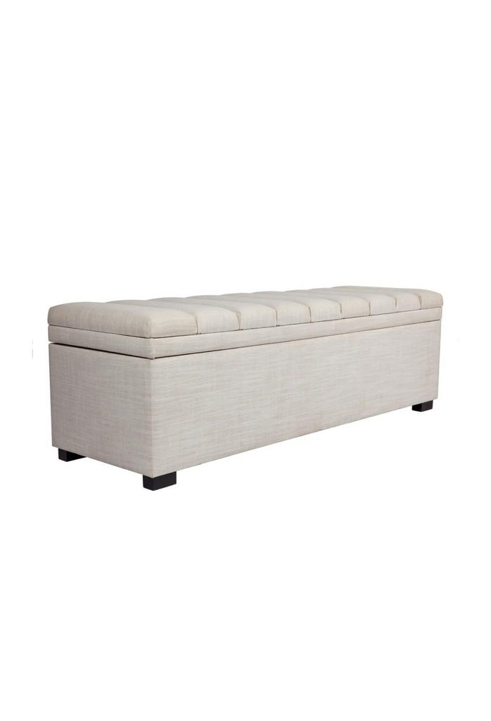 Modern Ottoman Bench with Panelled Top which Lifts for Storage Fully Upholstered in Natural Off-White Linen