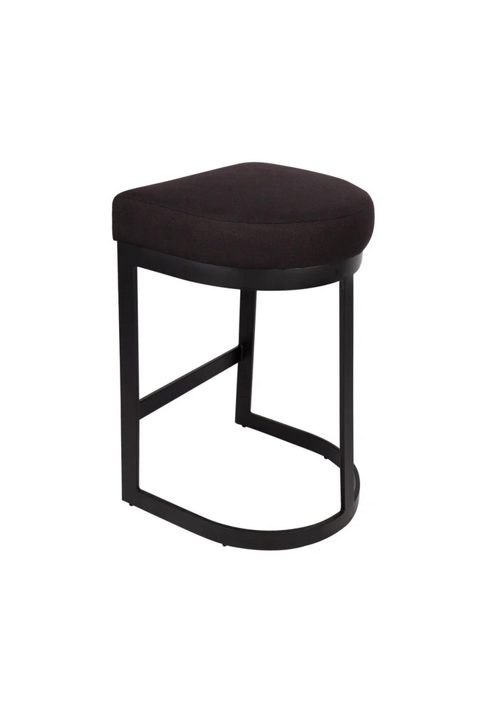 Modern black bar stool with steel base in round and edgy geometric shapes and a black linen seat cushion
