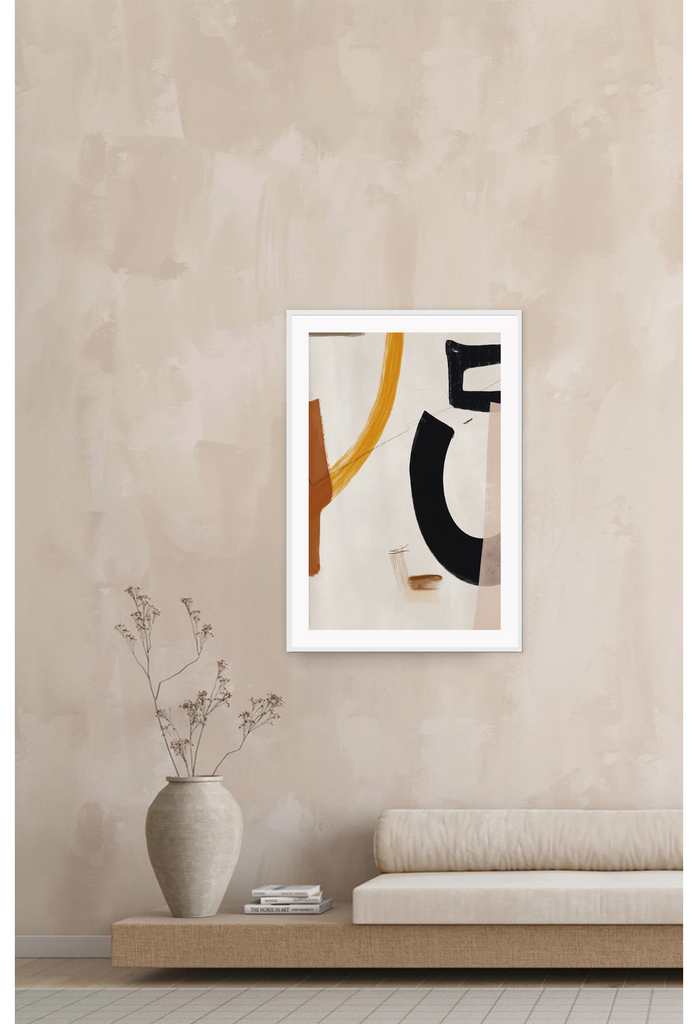 Abstract style print with rust, yellow and black brushtrokes in random formation on an off-white background.