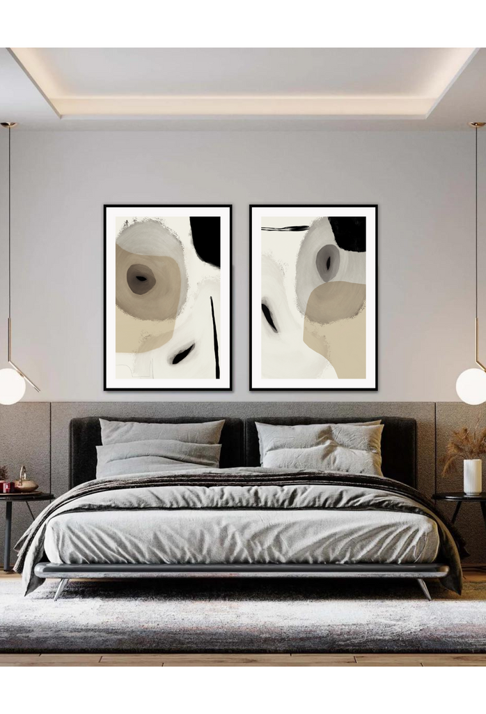 Abstract art print with large round shapes in light grey, black and beige tones on a textured off-white background.