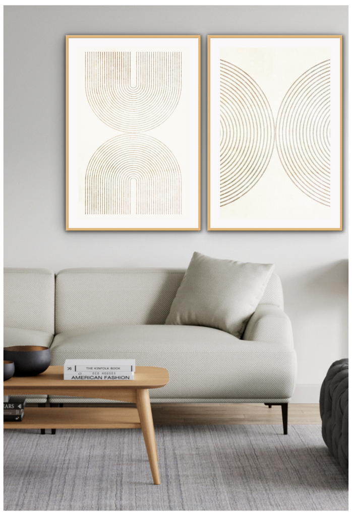 Scandi modern style print portrait landscape beige lines arch two sets meet in the middle white background water texture.