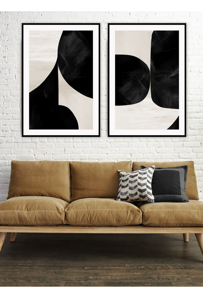 Minimalistic abstract print with two chunky round shapes on an off-white textured background.