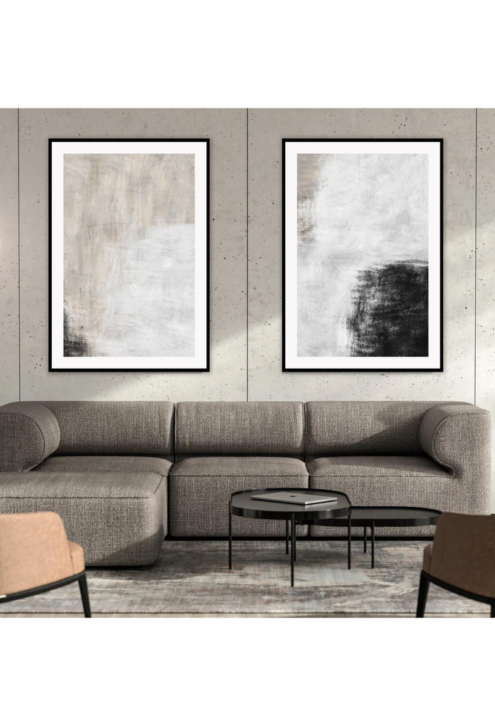 Abstract art print in light grey and white brushstroke textured tones with a hint of black in one corner and thin black lines