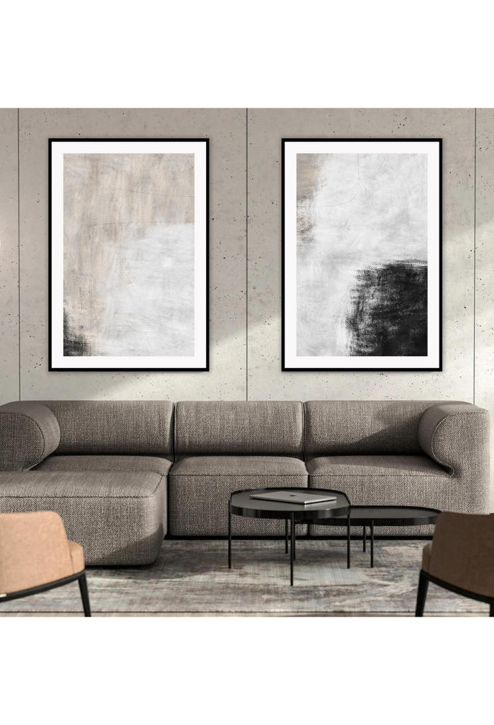 Abstract art print in brushstroke texture with one black and one beige corner and white brushstrokes in the middle.