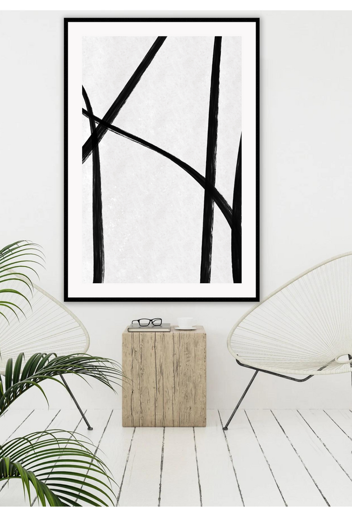 Minimalistic abstract print with thin black lines in brushstroke texture on a textured white background.