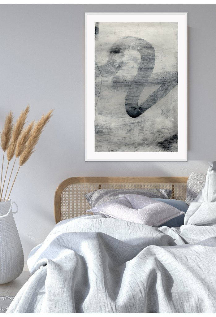 Abstract portrait modern minimalist art print with grey and blue tones brushstrokes with a line through the middle.