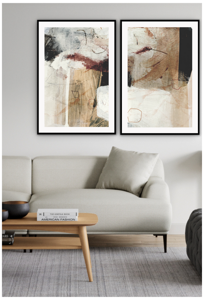 Painting style art print with large beige and white brushstrokes complemented by black and burgundy strokes and thin lines