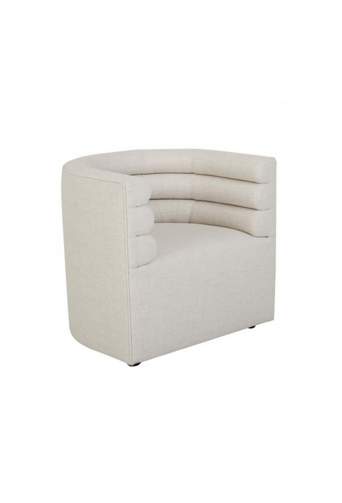 Stylish Curved Tub Style Arm Chair with a Rolled Back Fully Upholstered in a Natural Linen Blend on White Background