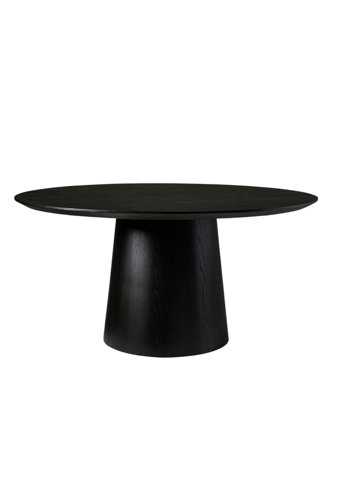 Bold Round Dining Table with Tapered Circular Pillar Base in Black Oak Veneer Finish on a White Background