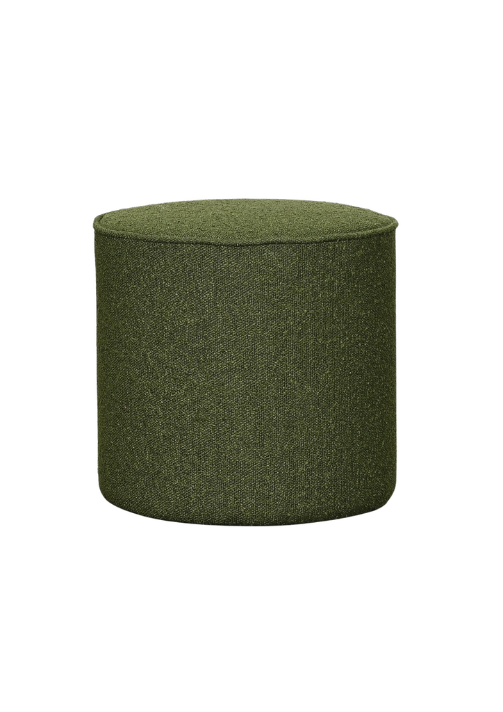 Small Round Ottoman Fully Upholstered in Textured Dark Green Fabric with Piped Edges on White Background