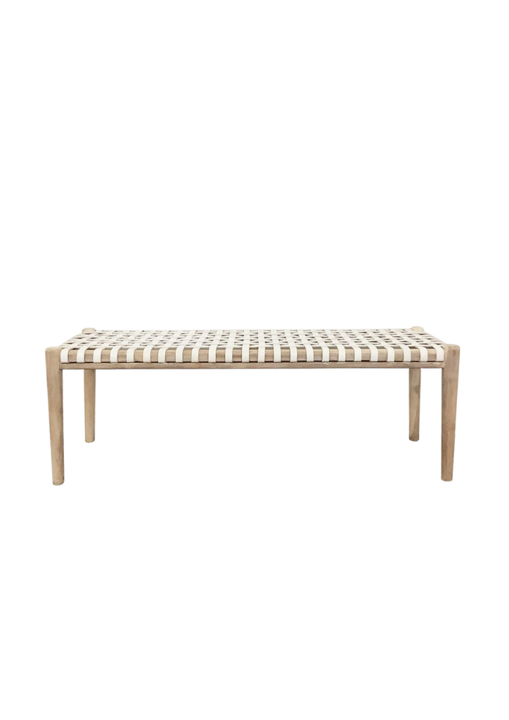 Scandi Style Bench with Woven White Leather Seat and Natural Timber Frame and Legs on a White Background