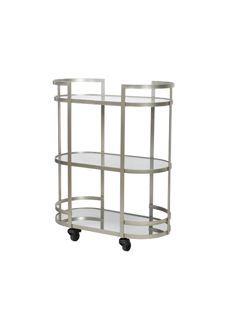 3 tier oval drinks trolley with a metal frame in brushed silver finish and mirror shelf on white background