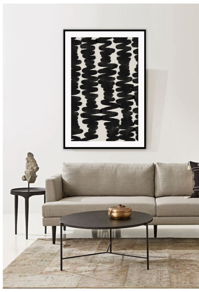 Minimalistic abstract style print with chunkuy black zig zag lines on a plain beige background.