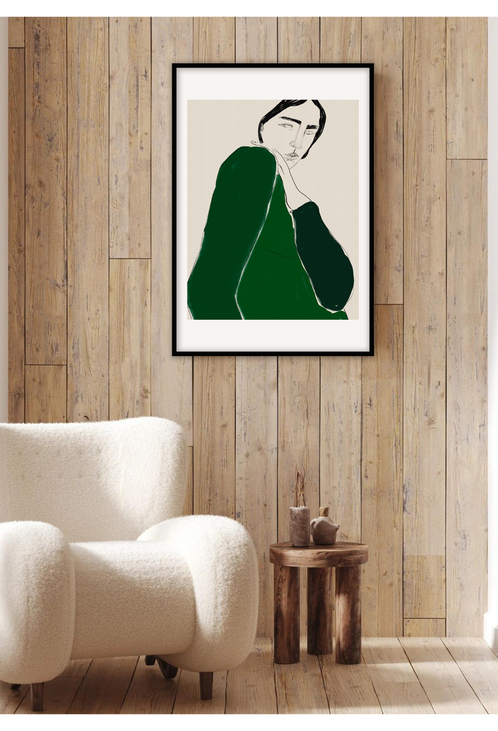 Abstract art print with a woman in a green longsleeve looking over her shoulder in the center on light grey background