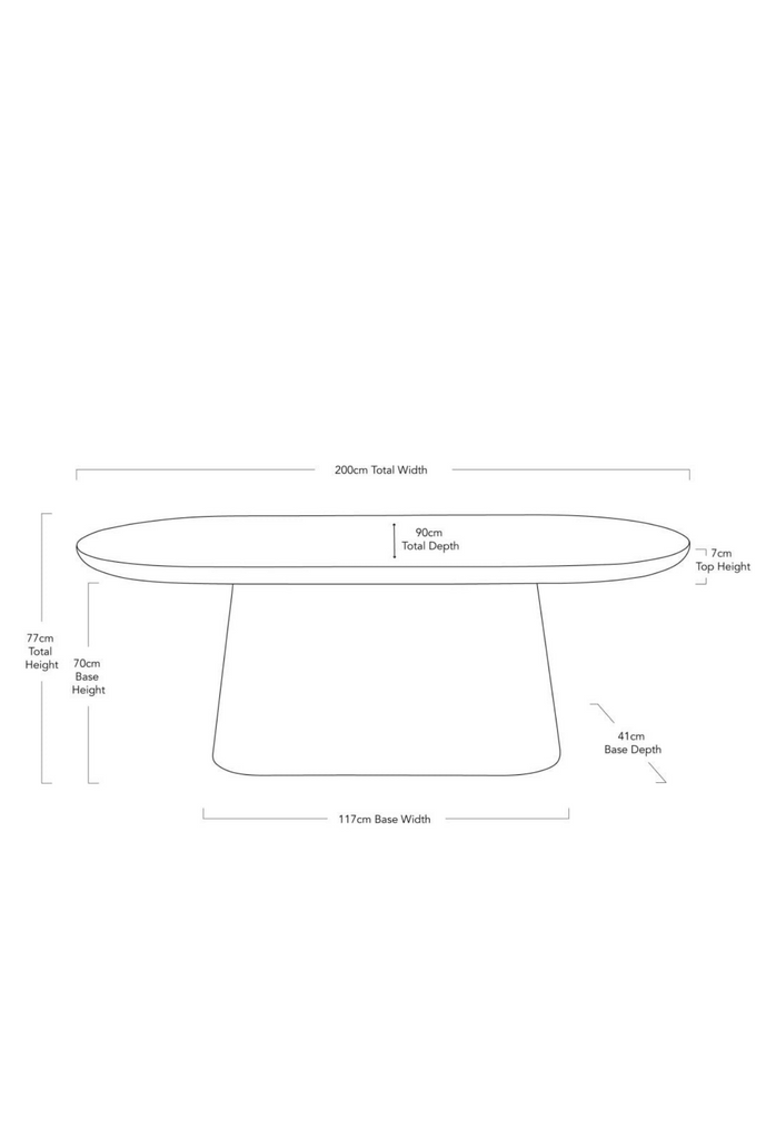 Simplistic oval white dining table with round edges and a solid chunky base on a white background