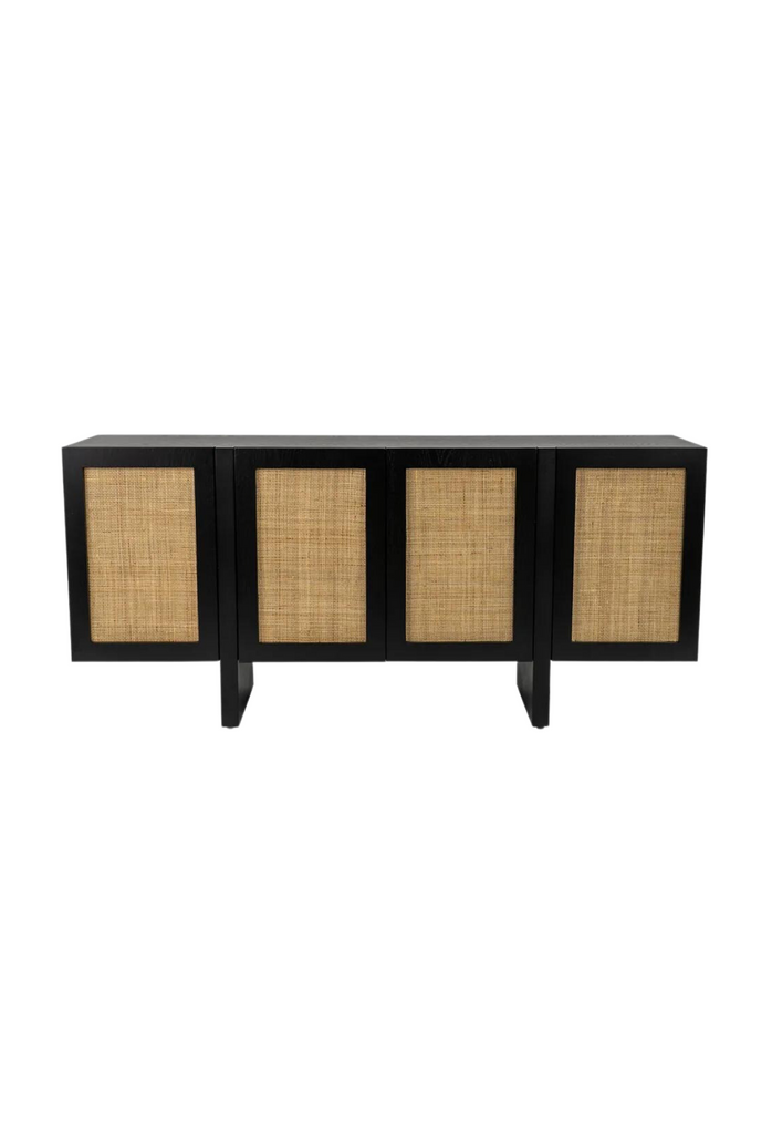 Black Timber and Rattan Buffet with 4 push up magnetic doors