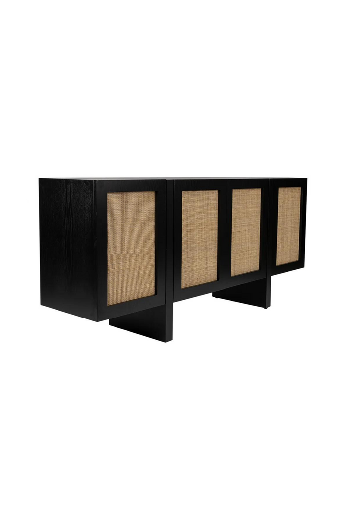 Black Timber and Rattan Buffet with 4 push up magnetic doors