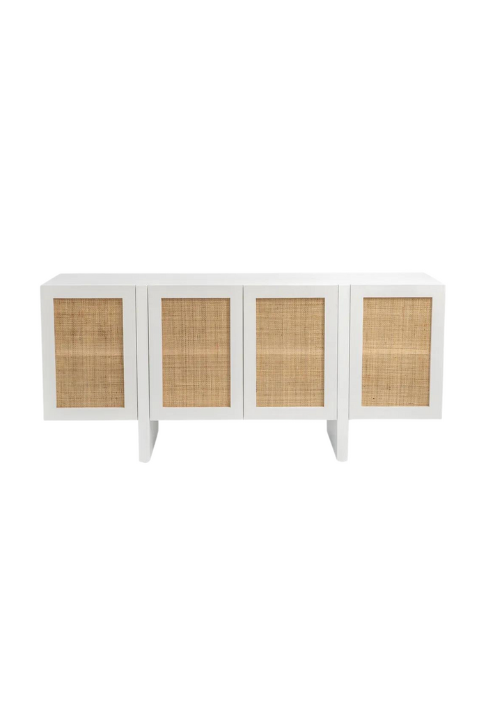 White Timber and Rattan Buffet with 4 push up magnetic doors
