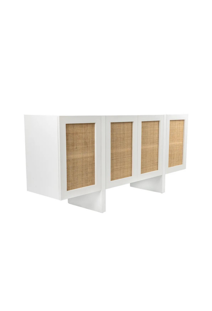 White Timber and Rattan Buffet with 4 push up magnetic doors