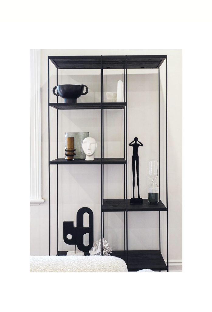 Minimalistic Black Metal Shelf with Assymetrical Shelves and a Fine Black Metal Frame on a White Background