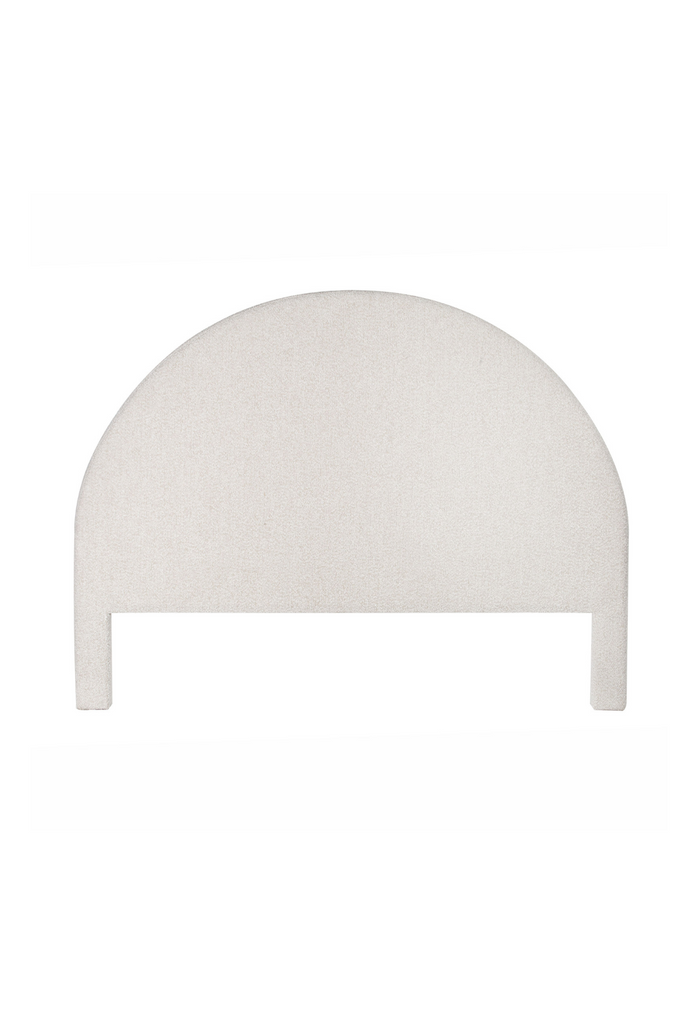 Free standing round half moon shaped bed head fully upholstered in soft white boucle on white background