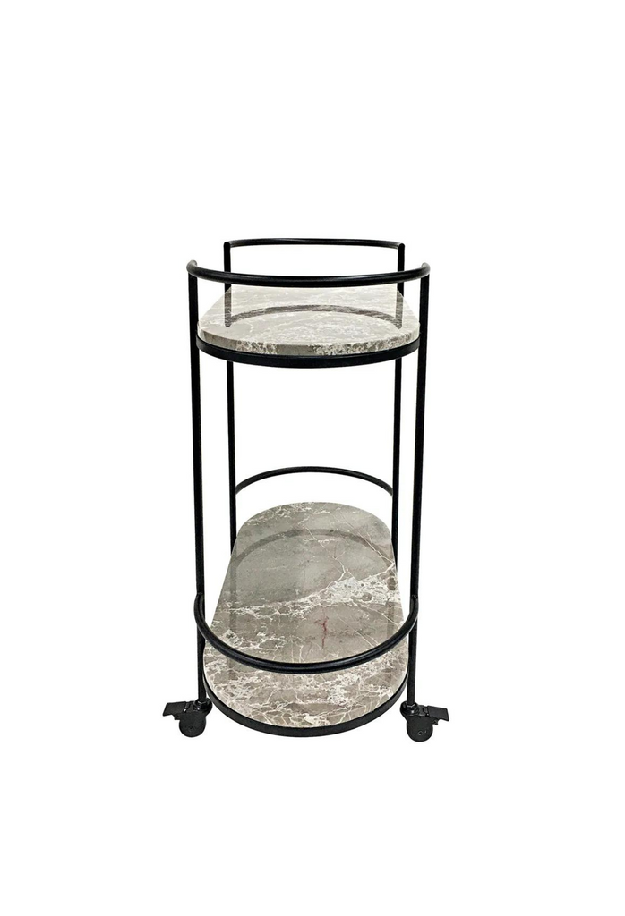 Black bar cart with grey marble shelves