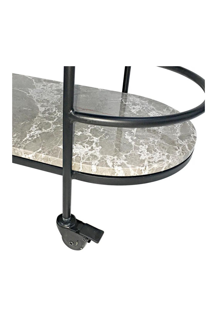 Black bar cart with grey marble shelves