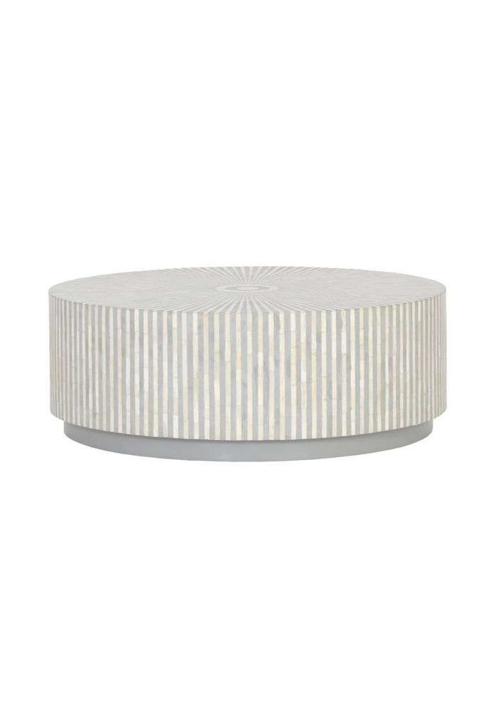 Tonal White and Grey Striped Bone Inlay Solid Round Coffee Table on a white background
