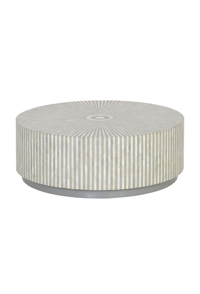 Tonal White and Grey Striped Bone Inlay Solid Round Coffee Table on a white background
