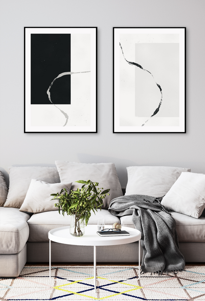 Abstract minimal style art print featuring a grey rectange and black paint stroke overlapping on a white background.