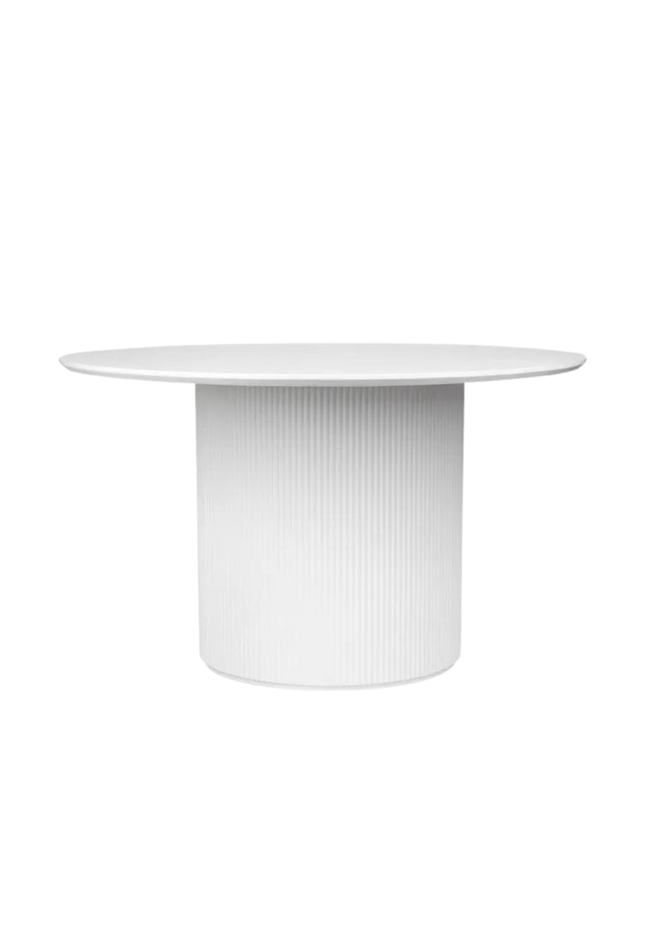Minimalistic Round Dining Table with a Fluted Pillar Base in White Black Finished Ash Wood Veneer on a White Background