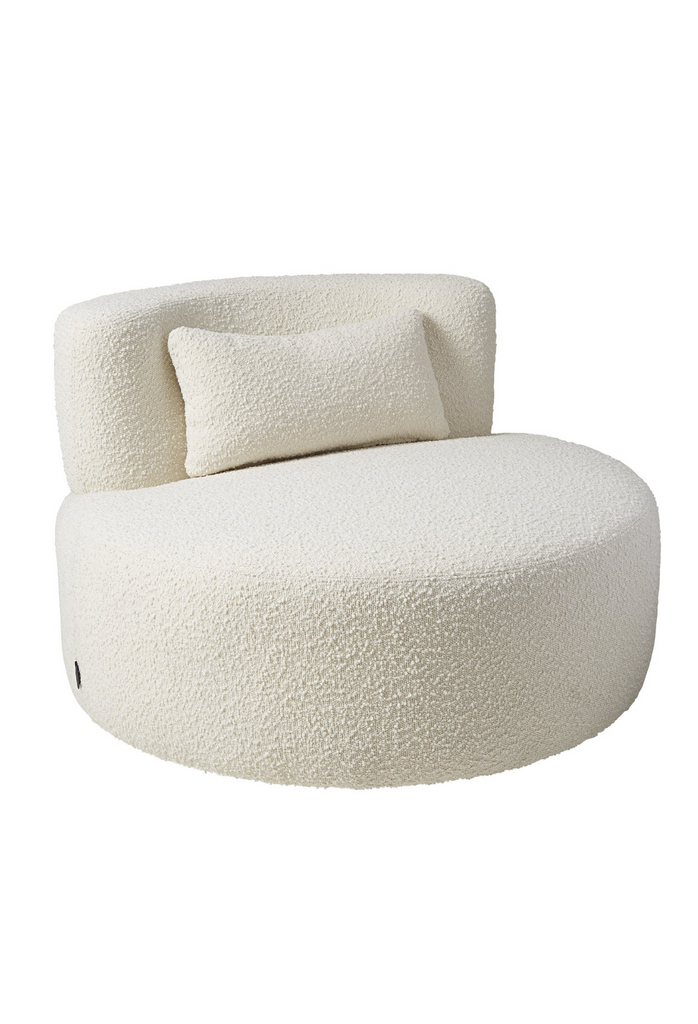 Cream White Boucle Armless Swivel Lounge Chair with a Curved Back Rest and Matching Cushion on a White Background