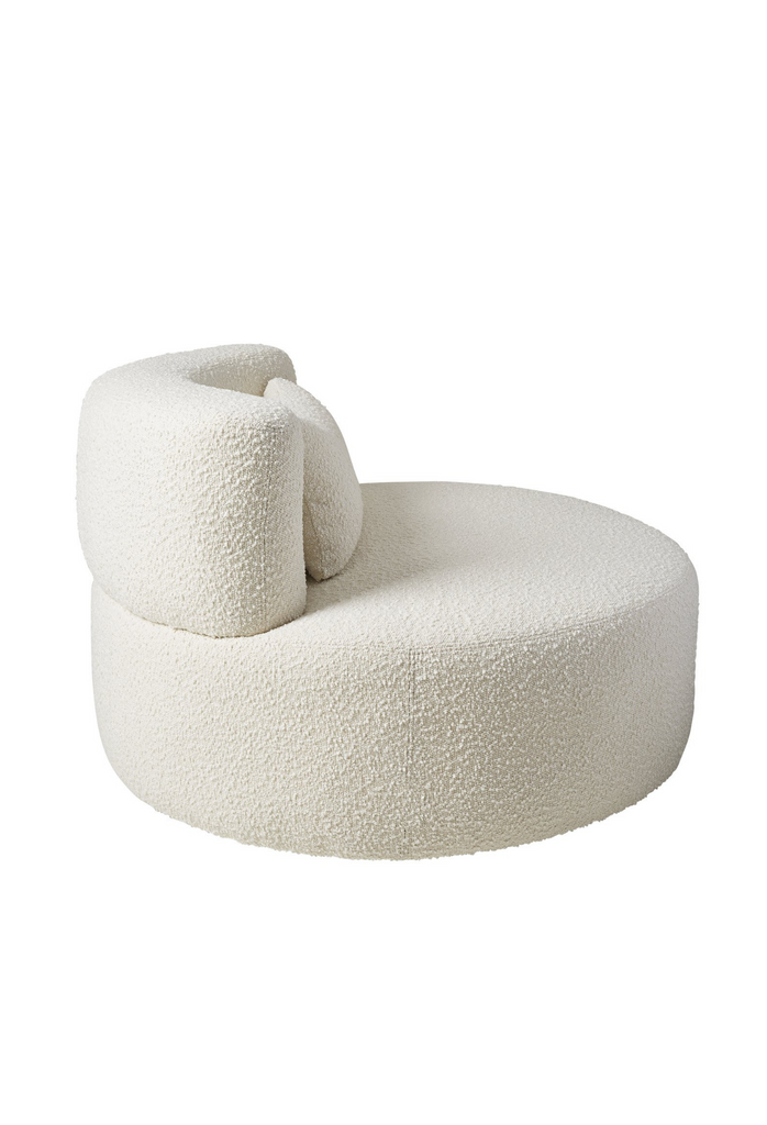 Cream White Boucle Armless Swivel Lounge Chair with a Curved Back Rest and Matching Cushion on a White Background