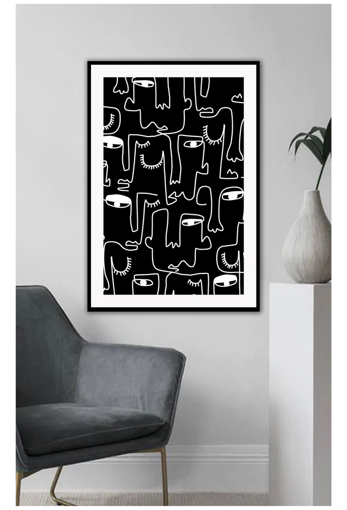Black and white abstract line art print black background 