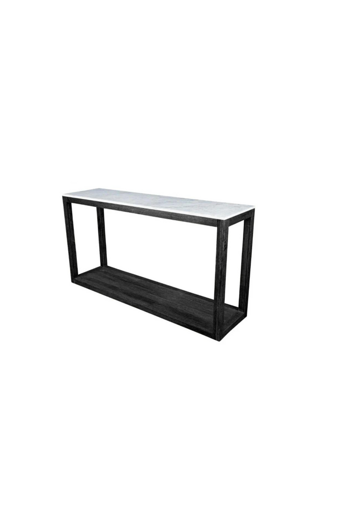 Rectangular Console Table with Sturdy Black Wooden Frame with Sharp Edges and a White Marble Top on White Background