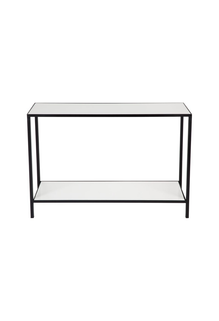 Two tier rectangular console with black metal frame and white stone table top and shelf on white background