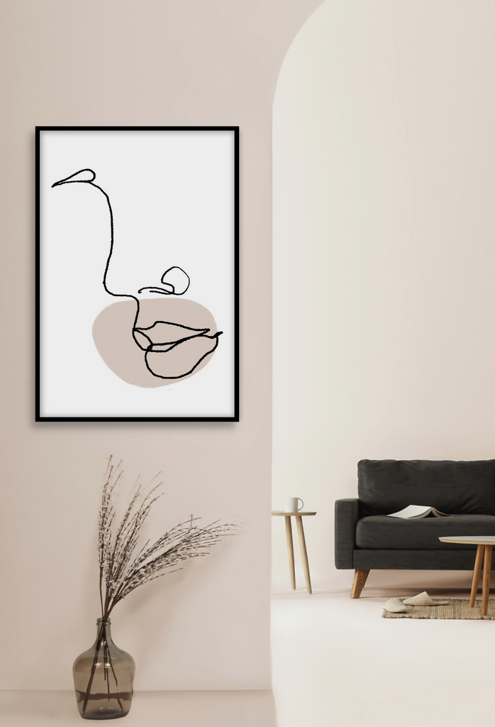 Line art abstract modern profile face white background with black outline and nude circle around lips
