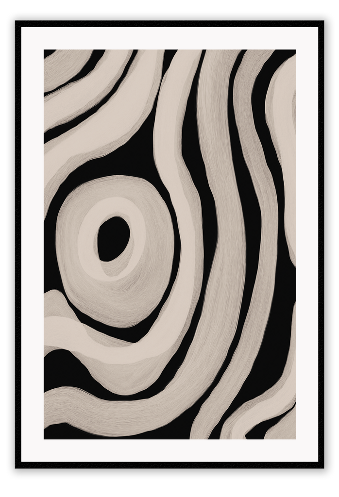 Abstract print with beige wavy lines and a circle in the centre on a plain black background.