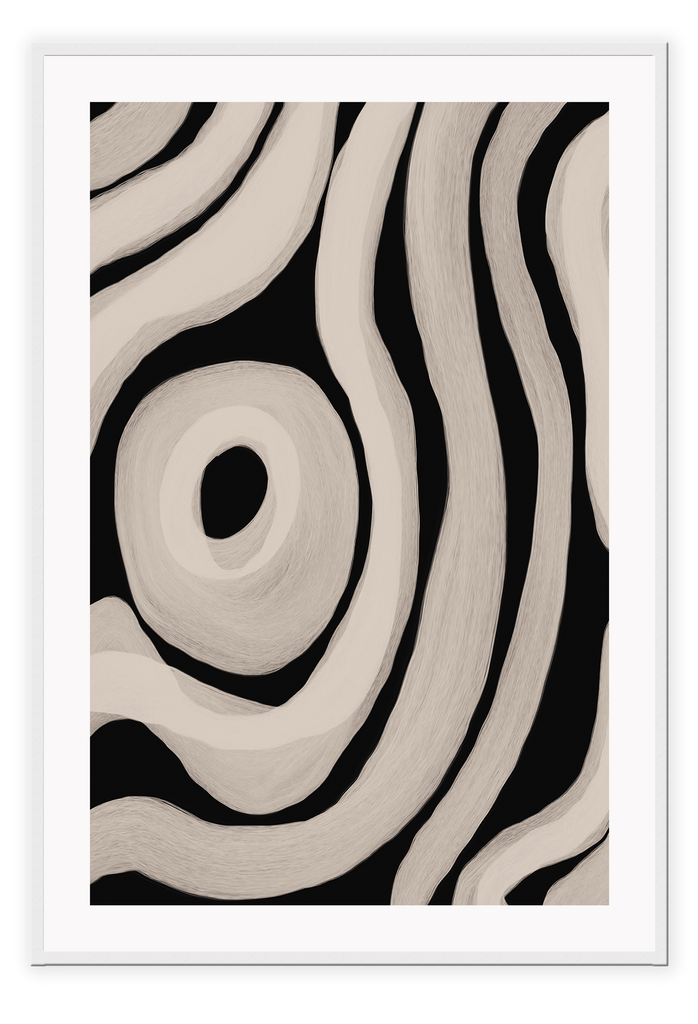 Abstract print with beige wavy lines and a circle in the centre on a plain black background.