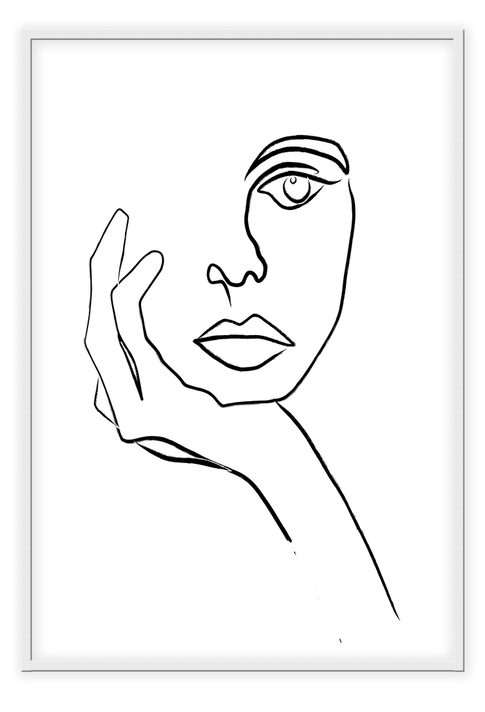 A black and white sketchy wall art with a line drawing of a lady concentrating and thinking. 