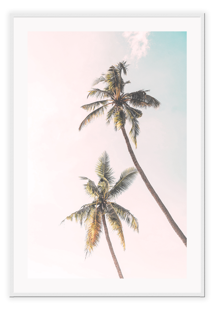 Photography coastal beach print with palm trees on a sunsetting sky with pink and blue clouds.