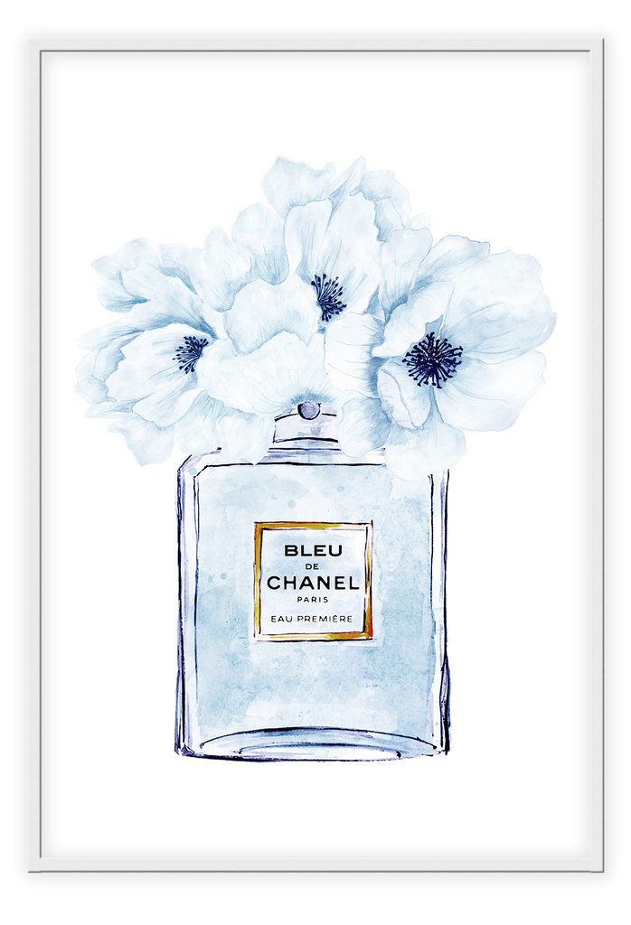 Blue perfume bottle fashion iconic white background Chanel Coco
