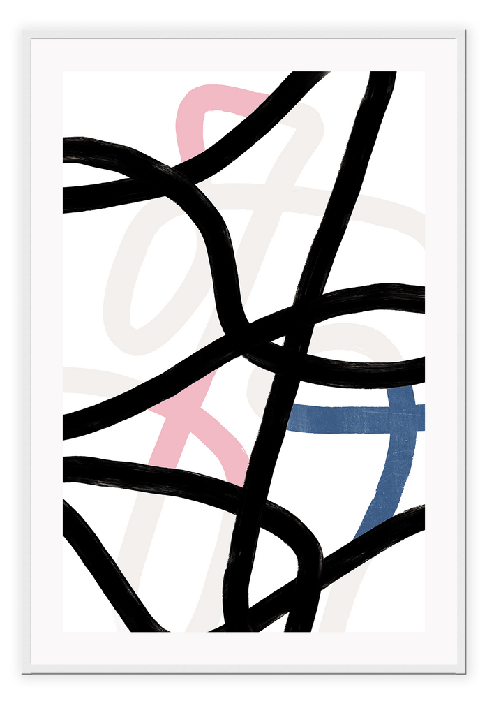 Abstract art print with blush, navy, black and neutral tones with squiggle lines randomly placed 