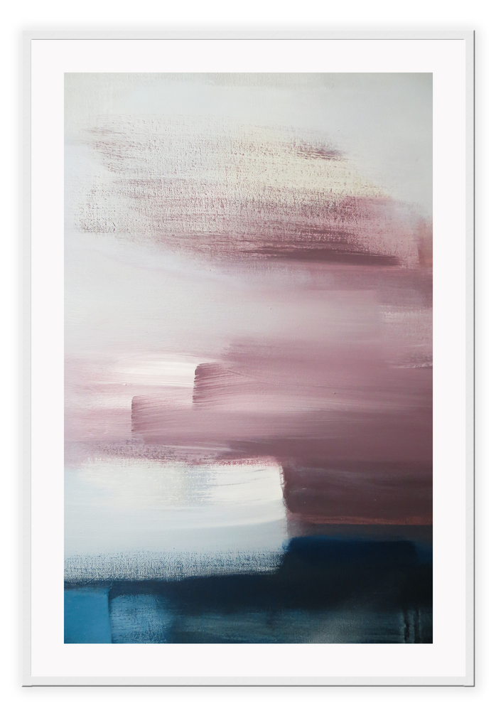 An abstract wall art with white, pink, navy, grey acrylic brushes. 