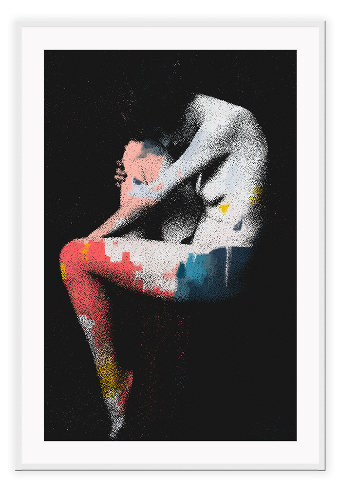 Black and white print with splash of colour on woman body nude black background holding leg sitting on stool portrait